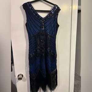 Elegant Blue and Black Beaded Flapper Dress